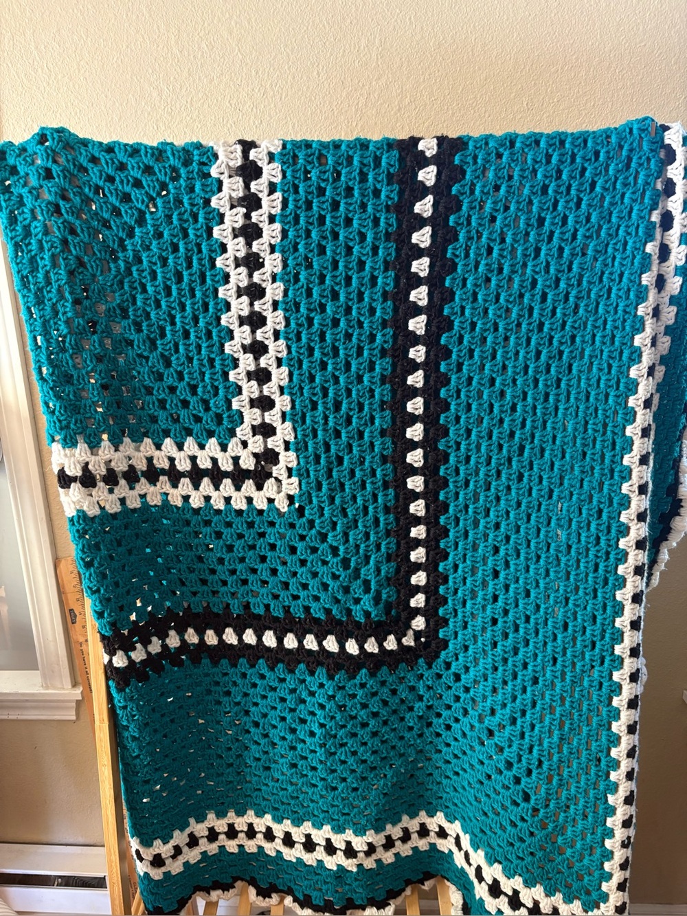 Handmade Teal Crochet Granny Square Blanket with White and Black Accent